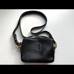 Auth vintage Fendi black epi leather messenger bag
